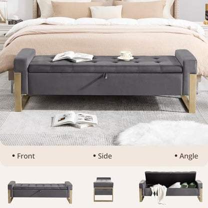 End of Bed Storage Bench, 67'' Benches for Bedroom Foot of Bed King Size, Upholstered Velvet Tufted Storage Ottoman Bench with Gold Legs for Window Living Room Entryway, Grey