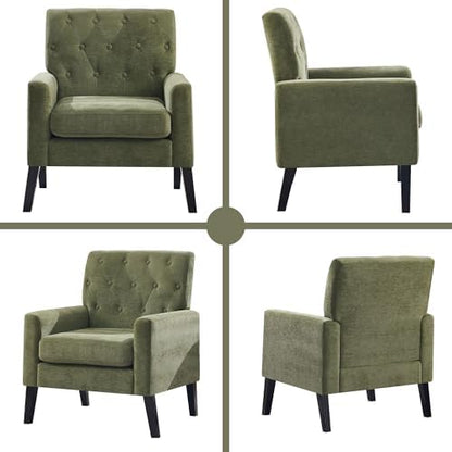Mid Century Modern Accent Chairs Set of 2, Green Chenille Office Chair for Reception - Tufted Upholstered Club Chair for Living Room, Bedroom, or Waiting Room