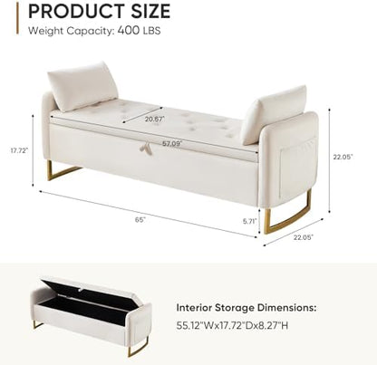 Storage Bench for Bedroom, 65 Inch End of Bed Storage Bench Beige | Velvet Storage Ottoman Bench, Tufted Upholstered and Gold Legs, Bedroom Bench with Storage, Arms, 2 Pillows, for Window
