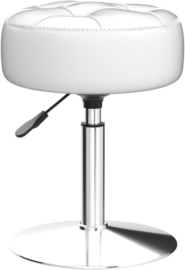 LUE BONA Adjustable Vanity Stool, 360 Swivel Chair for Makeup Room, White Faux Leather Stool for Bathroom & Living Room