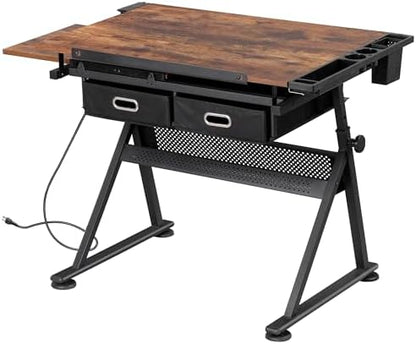 ZENY Adjustable Drafting Table with Stool Tilting Drawing Desk Artist Table | with Outlet, Storage Drawers, Art Craft Workstation for Home Office Reading, Writing, Crafting