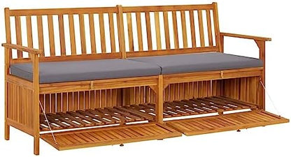 67 Inch Outdoor Storage Bench with Cushion, Solid Acacia Wood Black and Brown Patio Seat for Three, Modern Garden Storage Box for Cushions and Tools