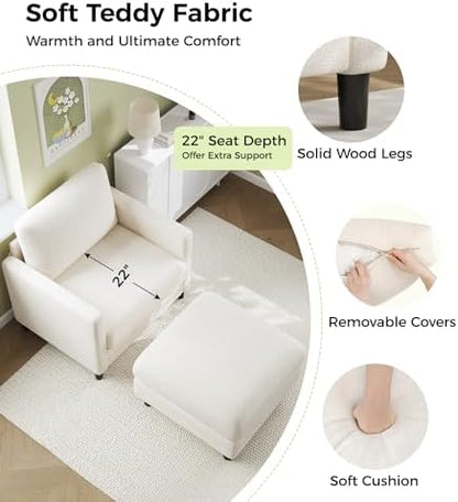 Welzona Sofa Accent Chair with Ottoman, 33" Teddy Reading Chair and Ottoman | Comfy Teddy Fabric, Tool-free Setup, Washable Covers, All-wood Chair and Ottoman Sets for Living Room, Bedroom, Beige