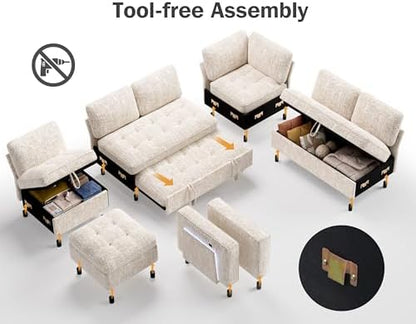 Vipbear 7 Seat L Shaped Modular Sectional Sleeper Sofa Bed with Ottoman/Pull Out Bed/Reclining Backrest/USB Ports/Table/LED Light/Storage Seat, Tool-Free Assembly, Chenille Beige