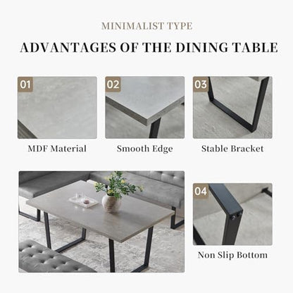 HIPIHOM Dining Table Set with Bench, Grey Table with Grey Right Seat Bench | 42.9 Inch MDF Tabletop with Corner sofa and 43.3 In Bench, Metal Legs for Family Dining Room Furniture, Apartment