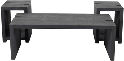 Pemberly Row 3-Piece Cocktail Table Set, Reclaimed Solid Wood, Ebony Gray Finish, Includes 1 Coffee Table and 2 End Tables, Mid-Century Modern Style, Unique Carvings for Living Room Decor