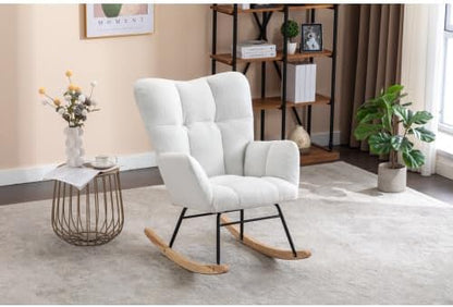 Rocking Chair, Upholstered Teddy Fabric Glider Chairs, Lounge Accent Armchair with Thick Cushion and High Backrest, Accent Rocking Chair for Bedroom, Living Room, Ivory