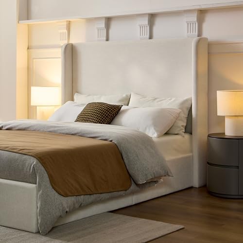 Full Size Upholstered Platform Bed Frame, 53.5" High Headboard Carmen Wingback Beds, Tall Headboard Floor Bed Frames, No Box Spring Needed No Noise, Minimalist, Textured Ivory