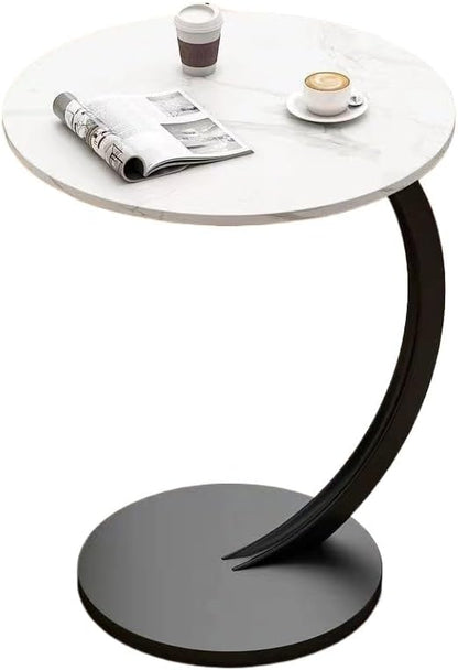 C-Shaped End Table Side Table Wood Sofa Table with Metal Frame for Living Room, Bedroom, Small Spaces (Snow Mountain White + Black Rack)