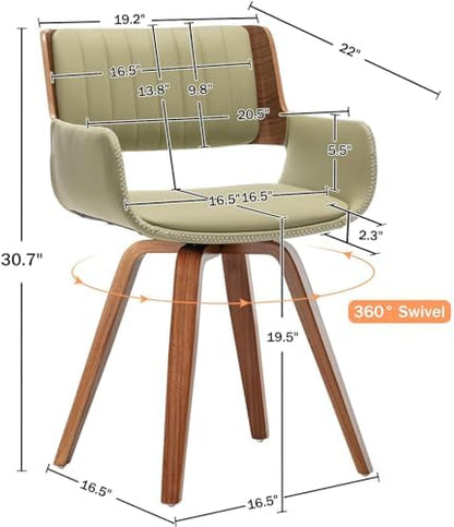 LUNLING Swivel Accent Faux Leather Dining Chairs Set of 2 Mid Century Modern Chairs with Wooden Legs/Armrest/Upholstered Seat/Adjustable Foots for Kitchen Dining Room Desk Chairs Green