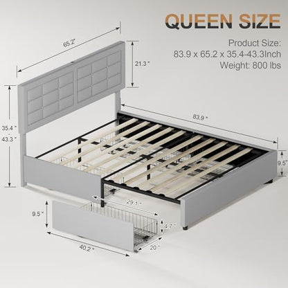 VECELO Queen Size Bed Frame with 4 Storage Drawers & Adjustable Headboard, Built-in Charging Station, Upholstered Bedframe with Wood Slats Support, Light Gray