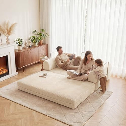 Futon Sofa Bed Modular Loveseat Sleeper Folding Pull Out Couch with Pillows, No Assembly Required Couch for Living Room Bedroom Guest Room (Beige, 53.15" Loveseat Sofa)