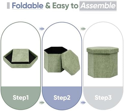 Hexagon Storage Ottoman, Foldable Chenille FootRest with Hidden Storage, Small Ottoman Footstool for Living Room, Bedroom, Dorm, Entryway, 15 x 16.9 x 15 Inches, Green