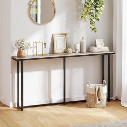 Yaheetech 63" Narrow Console Table Behind Couch & Entryway, Gray | Slim Sofa & Hallway Table, Metal Frame, Engineered Wood Top, Holds Lamps & Plants, Wall Anchors & Adjustable Feet, Easy Setup