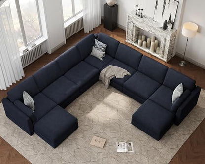 Oversized Modular Sectional Sofa U-Shaped Cloud Couches Blue | 9 Seater Large Deep Seat Couch Luxury Sectional Couches for Living Room, Solid Wood Frame, Removable Washable Cover