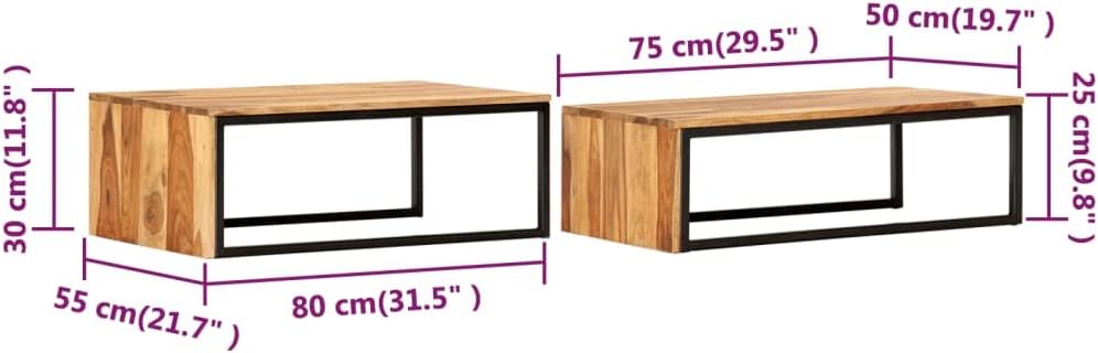 Nesting Tables 2 pcs Solid Acacia Wood | Powder Coated Steel Frame, Stackable Design, Easy Assembly, Vintage Style for Living Room