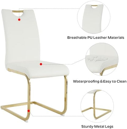 5-Piece Dining Table Set for 4, Modern Rectangular Glass Table with 4 Upholstered Leather Chairs, Space-Saving Dining Room Furniture Table & Chair Sets for Small Spaces & Apartment(White&Gold)