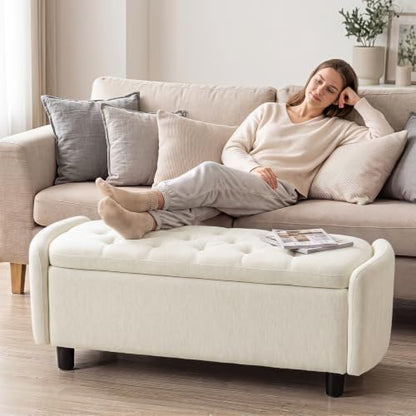 Furniliving 46.5‘’ Chenille Storage Bench, Button-Tufted Upholstered Storage Ottoman Bench with Safety Hinge, End of Bed Bench for Bedroom Entryway Living Room, Beige