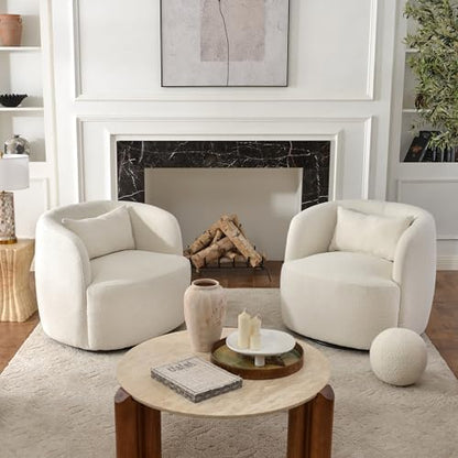 KINWELL 34" W Sherpa Swivel Barrel Chairs with Pillow Set of 2, Cream