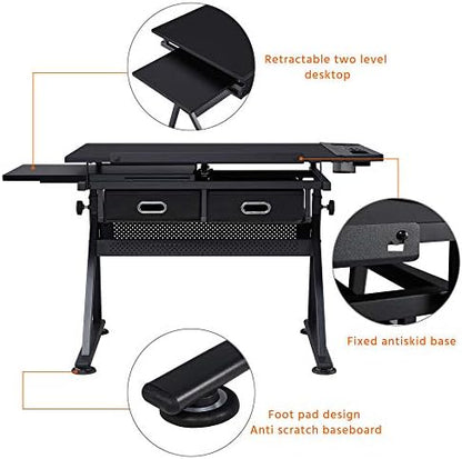 Yaheetech Adjustable Drafting Table Art Desk,Storage Drawers & Stool,Black | MDF tabletop tilts 0-60° on a metal frame for drawing, crafts, and homework, with two supply drawers and a matching stool.