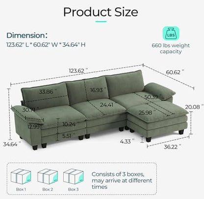 LINSY HOME 123'' Modular Sectional Sofa 3 Seat Couch Corduroy Cloud Couch with Deep Seat, Modern L-Shaped Cloud Couch with 1 Movable Ottoman for Living Room, Office, Bedroom, Green