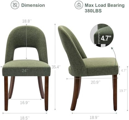 Wooden Dining Chairs Set of 4, Upholstered Kitchen Chairs with Walnut Wood Legs and Curved Linen Fabric Backrest, Modern Farmhouse Dining Room Chairs for Kitchen Dining Vanity, Green