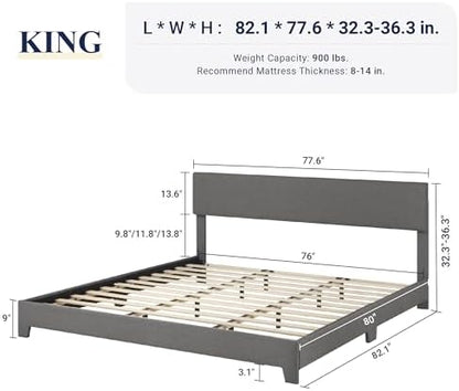 Allewie King Size Upholstered Bed Frame Adjustable Headboard, Dark Grey