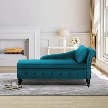 Velvet Chaise Lounge w/Right Armrest & Storage Space, Teal | Button Tufted Lounge Sofa w/Lumbar Pillow, Lounge Chair Indoor, Upholstered Chair for Bedroom, Living Room,Office