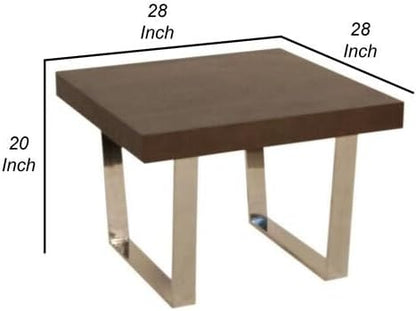 HomeStock Nordic Haven 28 Inch Square Espresso Brown Wood Side End Table with Polished Steel Sled Legs and Modern Contemporary Design