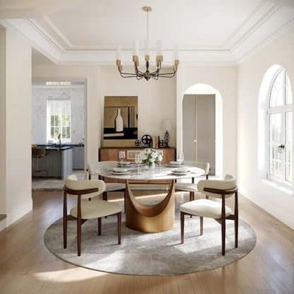 POVISON Round Dining Table Set, 47" Sintered Stone Dining Table with 4 Dining Chairs Set, Glossy White Sintered Stone Tabletop with Bronze Carbon Steel Pedestal
