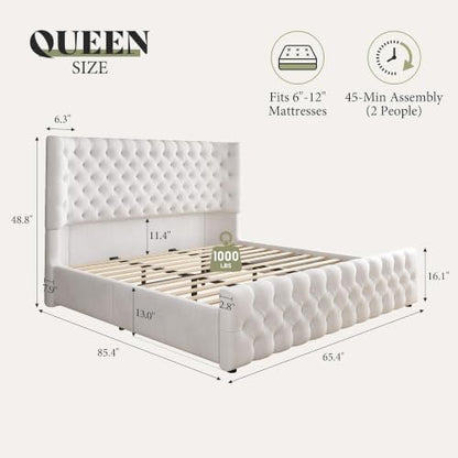 AMERLIFE Upholstered Queen Bed Frame with Wingback Headboard, Cream Velvet