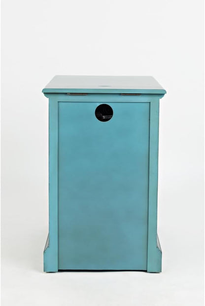 Blue Chairside End Table with USB Charging Ports, Acacia, Glass Construction