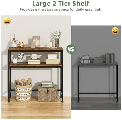 Simple Trending Console Table, 2-Tier Narrow Sofa Table, Rustic Brown | Entryway Table with Storage Shelf, Metal Frame, Adjustable Feet Pads, for Entryway, Living Room, 8 x 31.75 x 31.25Inches
