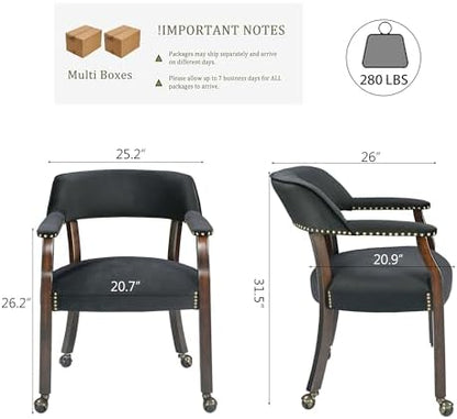 LEEMTORIG Set of 4 Large Dining Chairs with Casters and Arms, Rolling Dining Chairs with Wheels for Elderly, Ergonomic Boss Caption's Chair, 26"Dx25.2"W, Espresso Wood Legs & Black Velvet XXY-HT22-BK