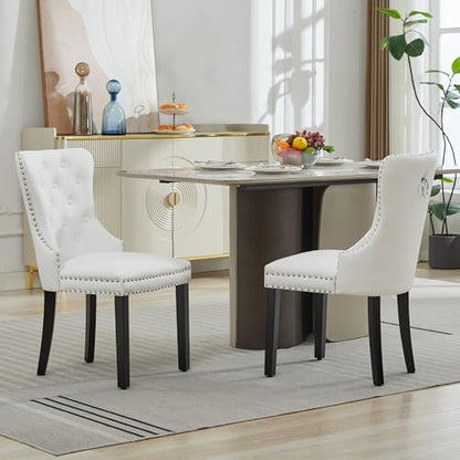 PU Leather Dining Chairs Set of 6, Upholstered Dining Room Chairs with Solid Wood Legs & Back Ring Pull Trim Ring, Modern Dining Chairs Perfect for Dining Room,Living Room,Kitchen, White
