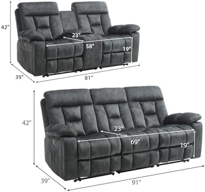 EBELLO 2 Pieces Recliner Sofa Couch Furniture Set, Overstuffed Reclining Loveseat Recliner Couch and Wide 3PC Bonded Sofa Set for Living Room, Dark Greenish-Grey