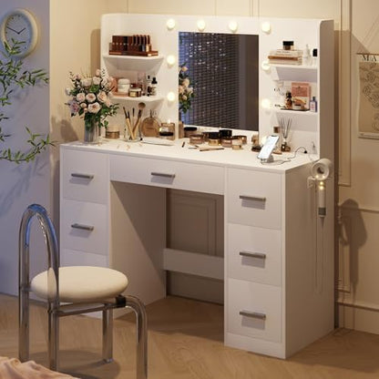 YESHOMY Vanity Desk with Mirror, Outlet, 10 Lights & 7 Drawers,Pure White | Lighted Mirror with 3 Color Modes,Makeup Table,Large Storage Capacity,Available for bedroom