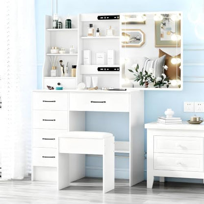 Vanity Desk with Mirror and Lights, 6 Drawers 6 Shelves 1 Stool & Sildeable Mirror Makeup Vanity, 3 Modes Light Adjustable, White, 51" H