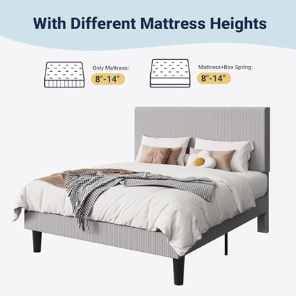 Allewie Full Bed Frame, Corduroy Tufted Headboard, Light Grey