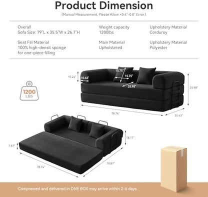 79" Convertible Sofa Bed, Couch for Living Room (Black)