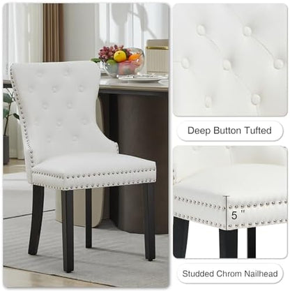 PU Leather Dining Chairs Set of 6, Upholstered Dining Room Chairs with Solid Wood Legs & Back Ring Pull Trim Ring, Modern Dining Chairs Perfect for Dining Room,Living Room,Kitchen, White