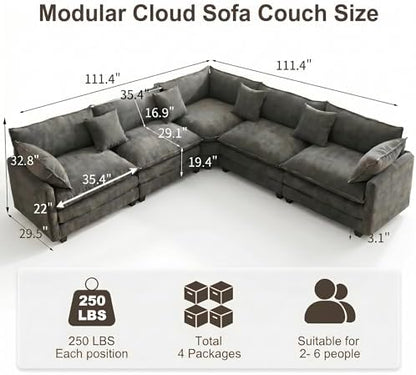 111.4" V-Shaped 5-Seat Sectional Cloud Couch, Chenille Soft Set, Grey | Customizable layout, suitable for living room, bedroom & apartment, comfortable deep seat