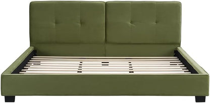 Christopher Knight Home Cordo King Size Bed, Velvet Upholstered Platform Bed, Wooden Slats Panel Support, Tufted Square Corners Haedboard, No Box Spring Needed, Easy Assembly, Oliver Green