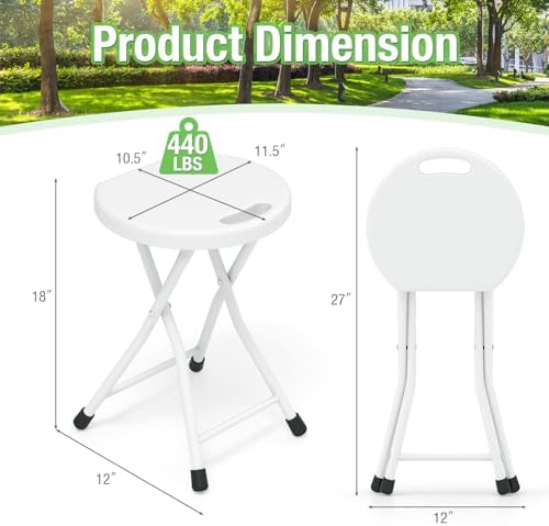 GYMAX Folding Stool, 18in Portable Collapsible Bar Stool with Handle & Steel Frame, 440lbs Sturdy Foldable Lightweight Metal Chair for Outdoor/Indoor Kitchen Home Bar, Assembly Free