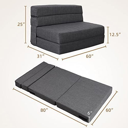 Nigoone Queen Size Folding Sofa Couch Memory Foam with 2 Pillows Sleeper Chair Lazy Couch Triple Futon Convertible Guest Beds, Washable Cover, Dark Gray