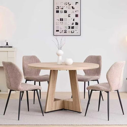 Round Dining Table Set for 4, Kitchen Table and Chairs | Wooden Cross Base, Boucle Fabric Chair, for Apartment