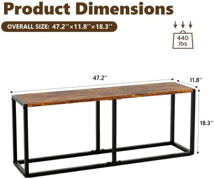 VINGLI 47.2 Inch Indoor/Outdoor Bench, Rustic Brown Dining & Patio Bench with Heavy-Duty Metal Frame, Backless Seating Bench for Dining Room, Garden, Porch, Balcony & Entryway