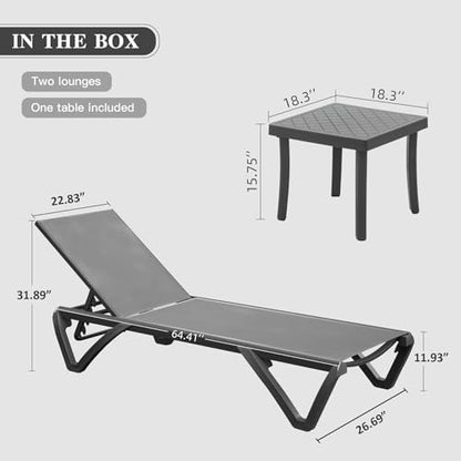 Domi Aluminum Pool Lounge Chair Outdoor Set of 2 Chaise Lounge Outdoor | Gray, Side Table, Wheels, Adjustable, Textilene, All Weather, Poolside, Backyard, Patio, Deck, Outside
