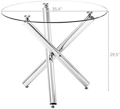 36" Luxury Silver Glass Dining Room Table Set for 4, 5-Piece Round Kitchen Dining Table Set with Cross Metal Legs and 4 Beige Velvet Upholstered Chairs, Glass Kitchen Table and Chairs Set