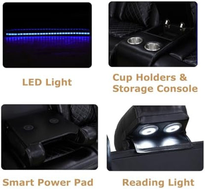 Power Recliner Sofa Set, Black Leather 3 Pieces Sectional Couch, Living Room Furniture Sets with LED Light, Modern Power Reclining Sets with Storage Console/Cup Holder for Living Room